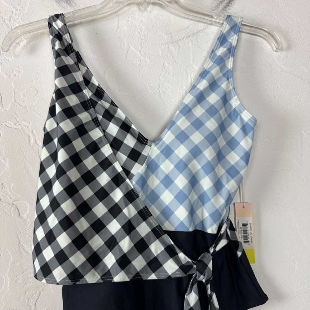 Summersalt Swim Suit‎ One Piece The Perfect Wrap Tie Front Gingham Blue Black - Picture 4 of 8